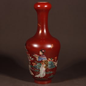 A Rare Enamel Gems Red Character and Story Pattern Vase 