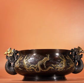 A Exquisite Red Copper Relief Phoenix Pattern Gilt Censer