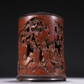 A Exquisite Bamboo Carving Character and Story Pattern Brush Pot
