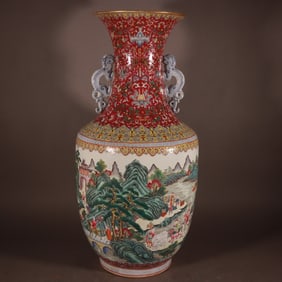 A Rare Famille-Rose Character and Story Pattern Double-Ears Vase