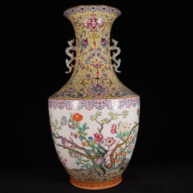 A Exquisite Yellow Ground Famille-Rose Flower Pattern Double-Ears Vase