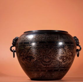 A Exquisite Red Copper Silver-Inlaid Lion Ring Double-Ear Censer