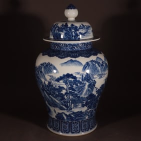 A Rare Blue and White Landscape Pattern Figures Pattern Jar