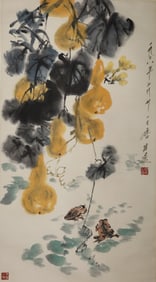 A Chinese Ink Painting of Gourd on Paper, Vertical Scroll