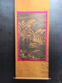 A Chinese Vertical Scroll Ink Painting of Landscapes on Silk