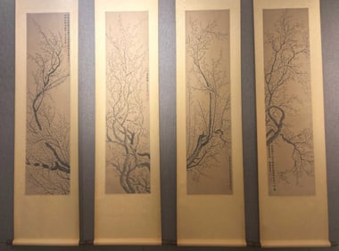 A Set of Chinese Vertical Scroll Ink Paintings of Flower on Paper