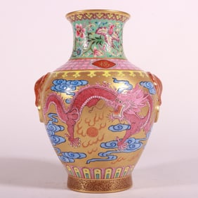 A Exquisite Famille-Rose Gold Ground Dragon Pattern Lion-Ears Vase