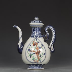 A Exquisite Blue and White Wucai Flower and Bird Pattern Ewer