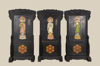 A Huge Zitanwood Inlaid with Jade Three Treasures Buddha Insert Screen