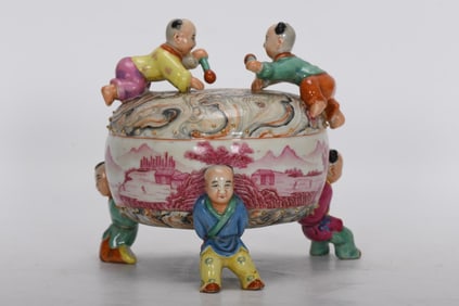 A Rare Enamel Stone Pattern Glaze Landscape Figure Pattern Drum