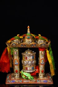 A Exquisite Silver Inlaid Gems Dzi bead Ornament,With Inscription