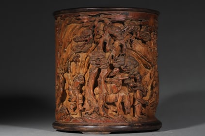 A Exquisite Bamboo Carving Landscape and Figures Pattern Brush Pot