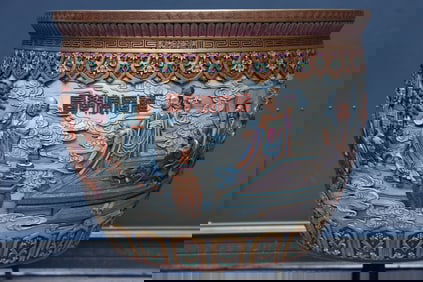 A Rare Famille-Rose Outline in gold Carve Character and Story Pattern Vat 