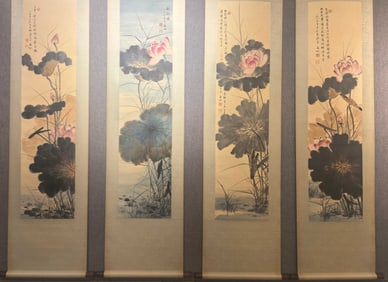 A Set of Chinese Vertical Scroll Ink Paintings of Flower on Paper