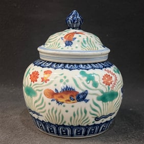 A Exquisite Blue and White Wucai Fish and Lotus Pattern Jar