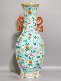 Famille-Rose Flower and Butterfly Pattern Double-Ears Vase