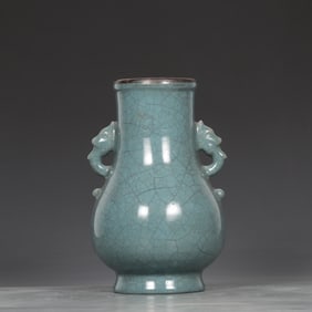 A Exquisite Ru yao Ice Crackle Pattern Elephant-Ears Vase, with poem