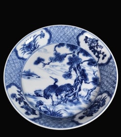 A Exquisite Blue and White Pine and Crane Pattern Plate