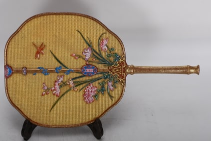 A Rare Enamel Carved Gold Ground Poem Flower Pattern Fan