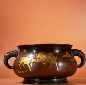 A Exquisite Red Copper Carved Pattern Gilt Double-Ear Censer