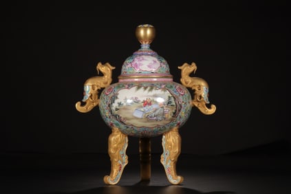 A Exquisite Enamel Painted Gold Character and Story Pattern Double-Ears Censer