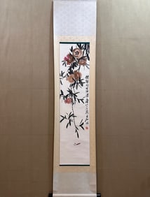 A Chinese Vertical Scroll Ink Painting of Flowers and Fruits on Paper