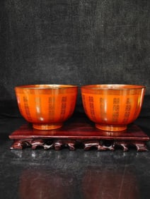 A pair of Exquisite Red Ground Painted Gold Bowl