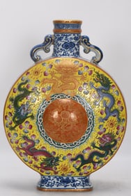 A Rare Blue and White Yellow Ground Gold-Outlined Dragon Phoenix Pattern Double-Ear Vase