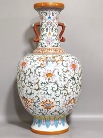 Famille-Rose Lotus and Eight Treasures Pattern Double-Ears Vase