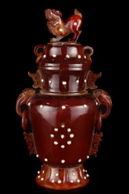 A Exquisite Agate Inlaid Gems Auspicious Beast Vase