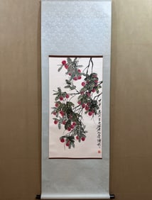 A Chinese Vertical Scroll Ink Painting of Flowers and Fruits on Paper