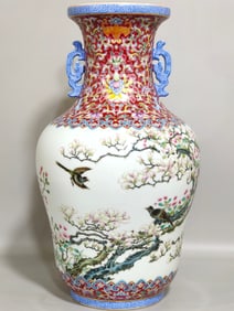 A Exquisite Ruby Red-Glazed Ground Flower and Bird Pattern Double-Ears Vase