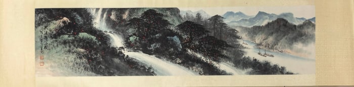 A Chinese Vertical Scroll Ink Painting of Landscape on Paper