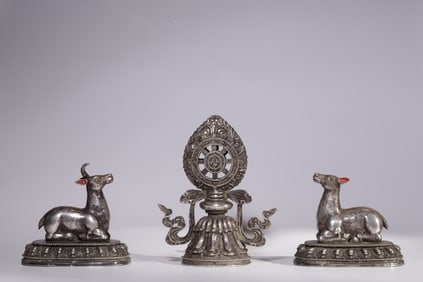A Set of Solemn Gilt Silver Double Deer Dharma Wheel Ritual Tools