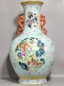A Exquisite Turquoise-Glazed Character and Story Pattern Double-Ears Vase