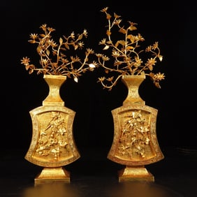 A pair of Exquisite Gilt Bronze Plum Blossom Bonsai Ornaments