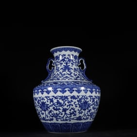 A Exquisite Blue and White Lotus Pattern Double-Ears Vase