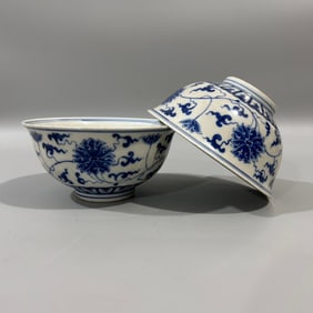 A pair of Exquisite Blue and White Lotus Pattern Bowls