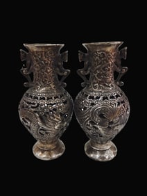A pair of Exquisite Gilt Silver Bronze Dragon and Phoenix Pattern Vase