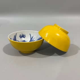 A Exquisite Yellow Glazed Blue and White Phoenix Pattern Cup