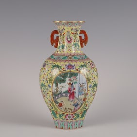 A Rare  Famille Rose Yellow Ground Figure Pattern Vase