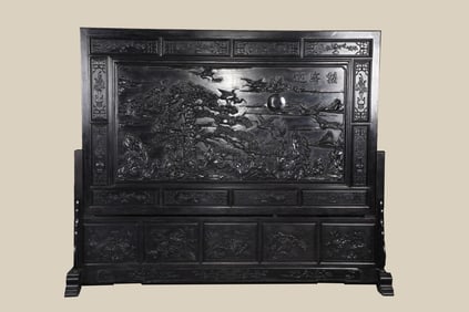 A Huge Zitanwood Carved Pine and Deer Pattern Insert Screen