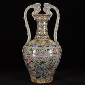 A Exquisite Famille-Rose Pea-Green Glaze Lotus and Flower Pattern Dragon-Ears Vase