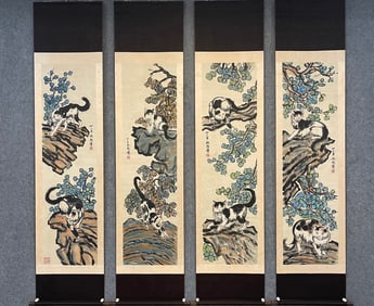 A Set of Chinese Vertical Scroll Ink Paintings of Cat on Paper
