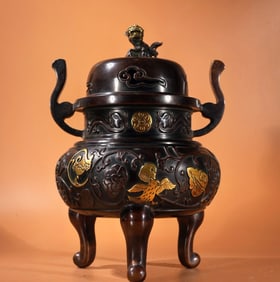 A Exquisite Red Copper Gilt Crown-Ear Incense Burner
