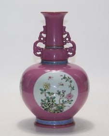 A Exquisite Ruby Red-Glazed Ground Famille-Rose Flower Pattern Double-Ears Vase, with poem