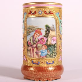 A Exquisite Famille-Rose Gold Ground Carved Figures Pattern Brush Pot