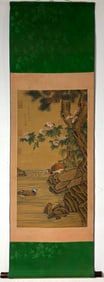 A Chinese Vertical Scroll Ink Painting of Flower and Bird on Silk