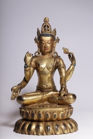 A Solemn Gilt Bronze Inlaid Turquoise Four-arms Statue of Avalokitesvara