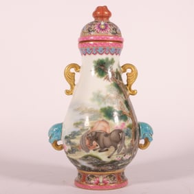 A Exquisite Famille-Rose Horse Pattern Double-Ears Jar